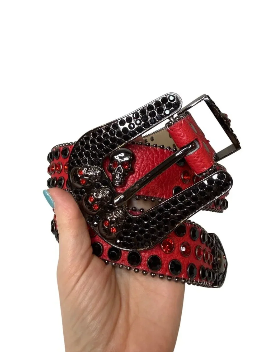 Red Leather Studded Skull Belt – Gothic Rhinestone Buckle Biker Statement Belt 4